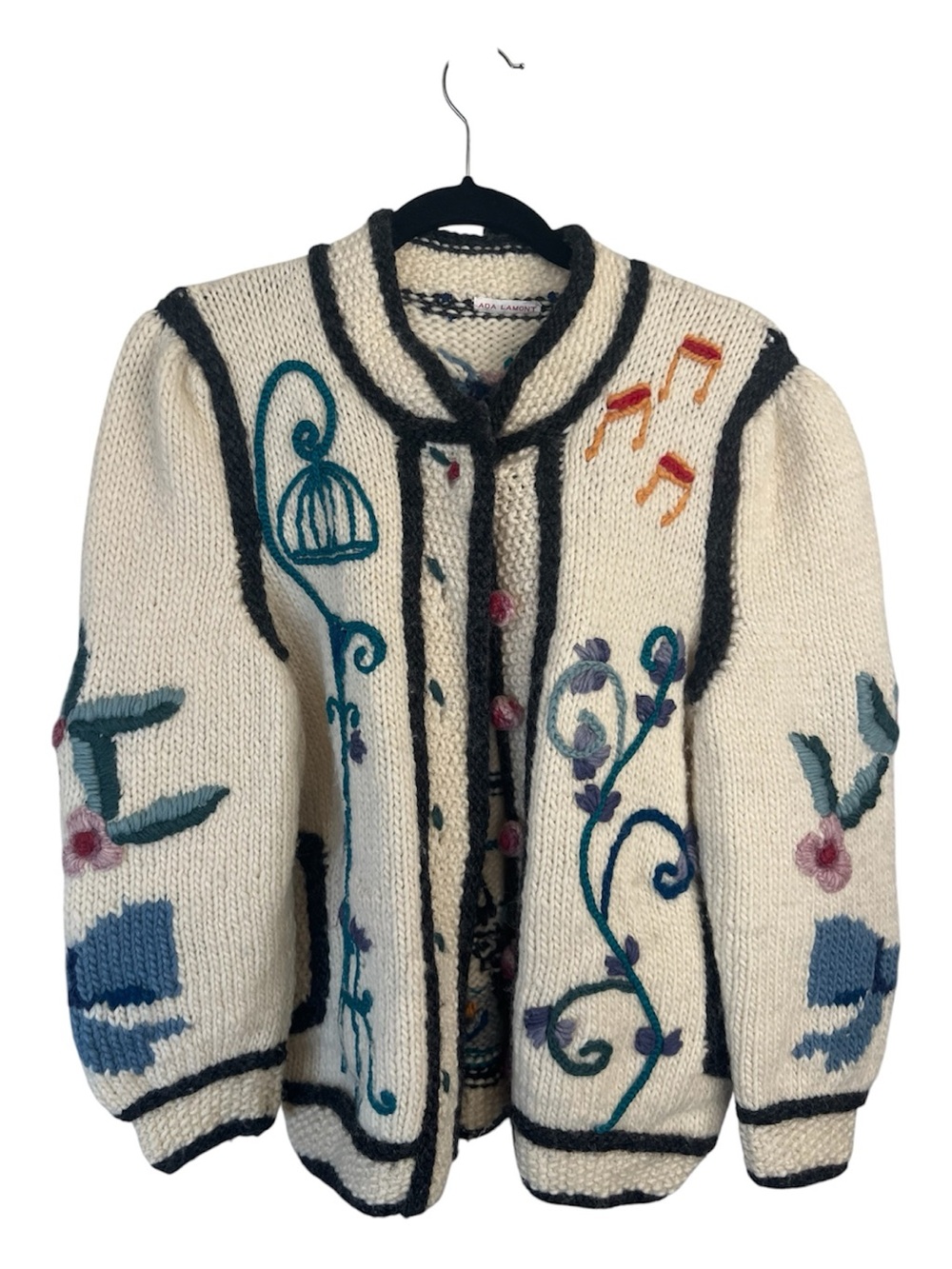 Hand Knit Artisan Embroidered Wool Cardigan w/ Birdcage Floral Accents